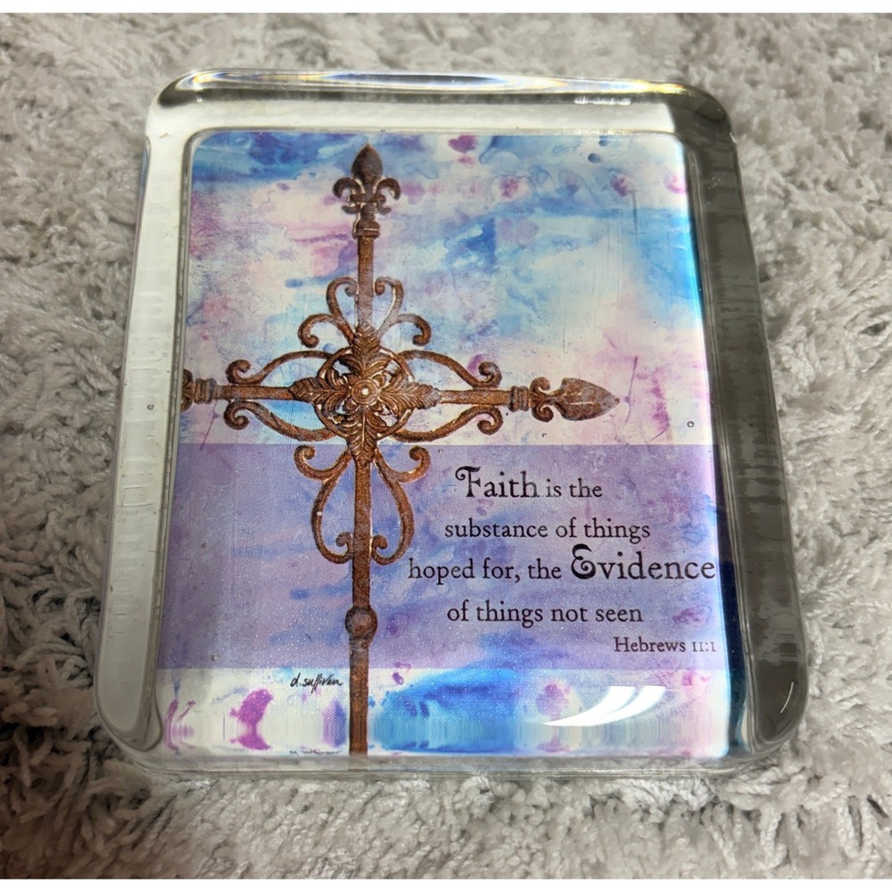 Demdaco Whispers Glass Paperweight Hebrews 11:1 Cross Purple D Sullivan‎ 2006